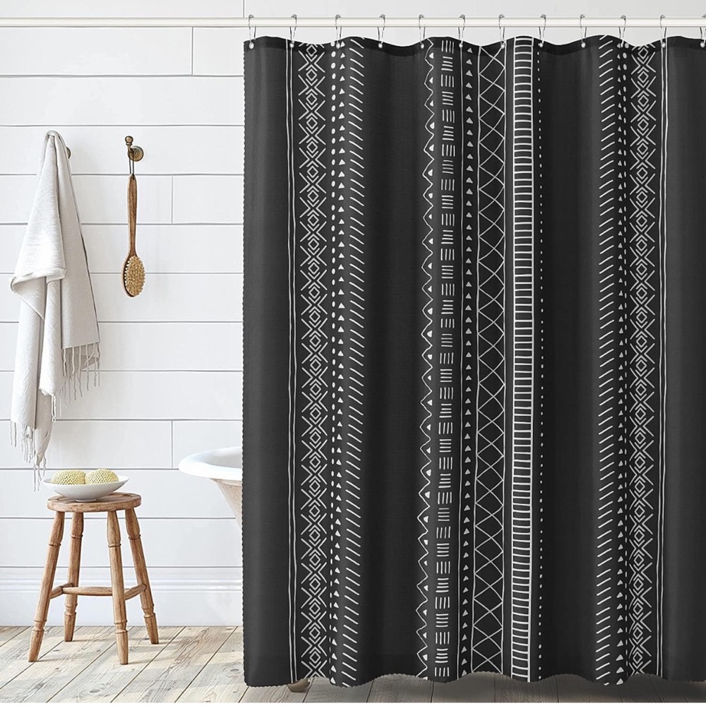 Bohemian Shower Curtain Black & White Boho Linen stripe Textured Fabric w/ Hooks